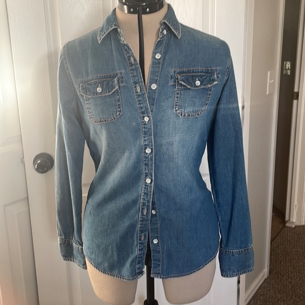 Lightweight Lightly Distressed Denim Button-Up Shirt
